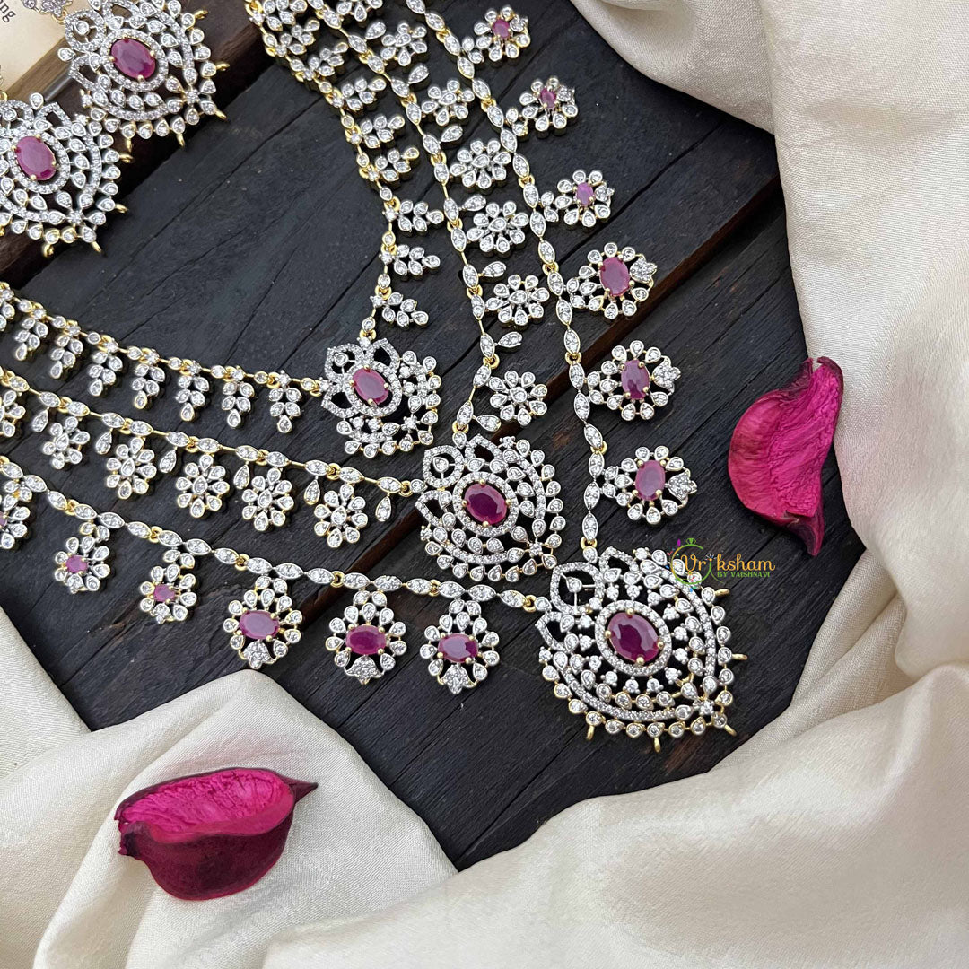 Vriksham Premium 3 Layer American Diamond Long Neckpiece-Red-G20227