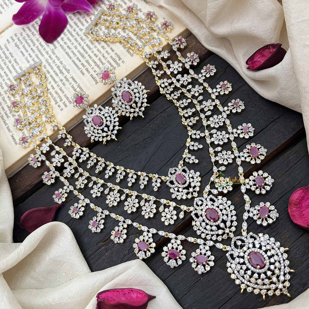 Vriksham Premium 3 Layer American Diamond Long Neckpiece-Red-G20227