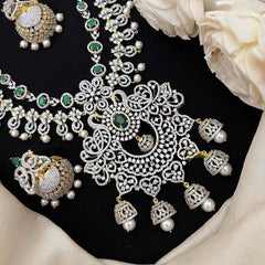Vriksham Royal Mayura Intricate American Diamond With Pearl-Embellished Pendant Short Neckpiece-Green-G21569