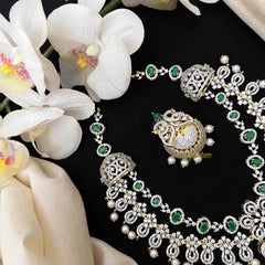 Vriksham Royal Mayura Intricate American Diamond With Pearl-Embellished Pendant Short Neckpiece-Green-G21569