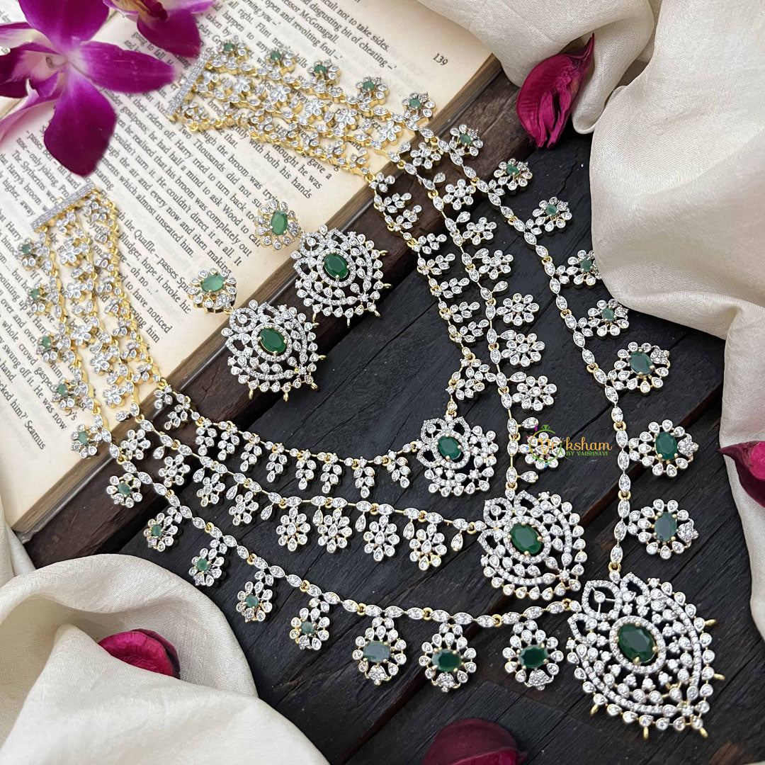 Vriksham Premium 3 Layer American Diamond Long Neckpiece-Green-G20228