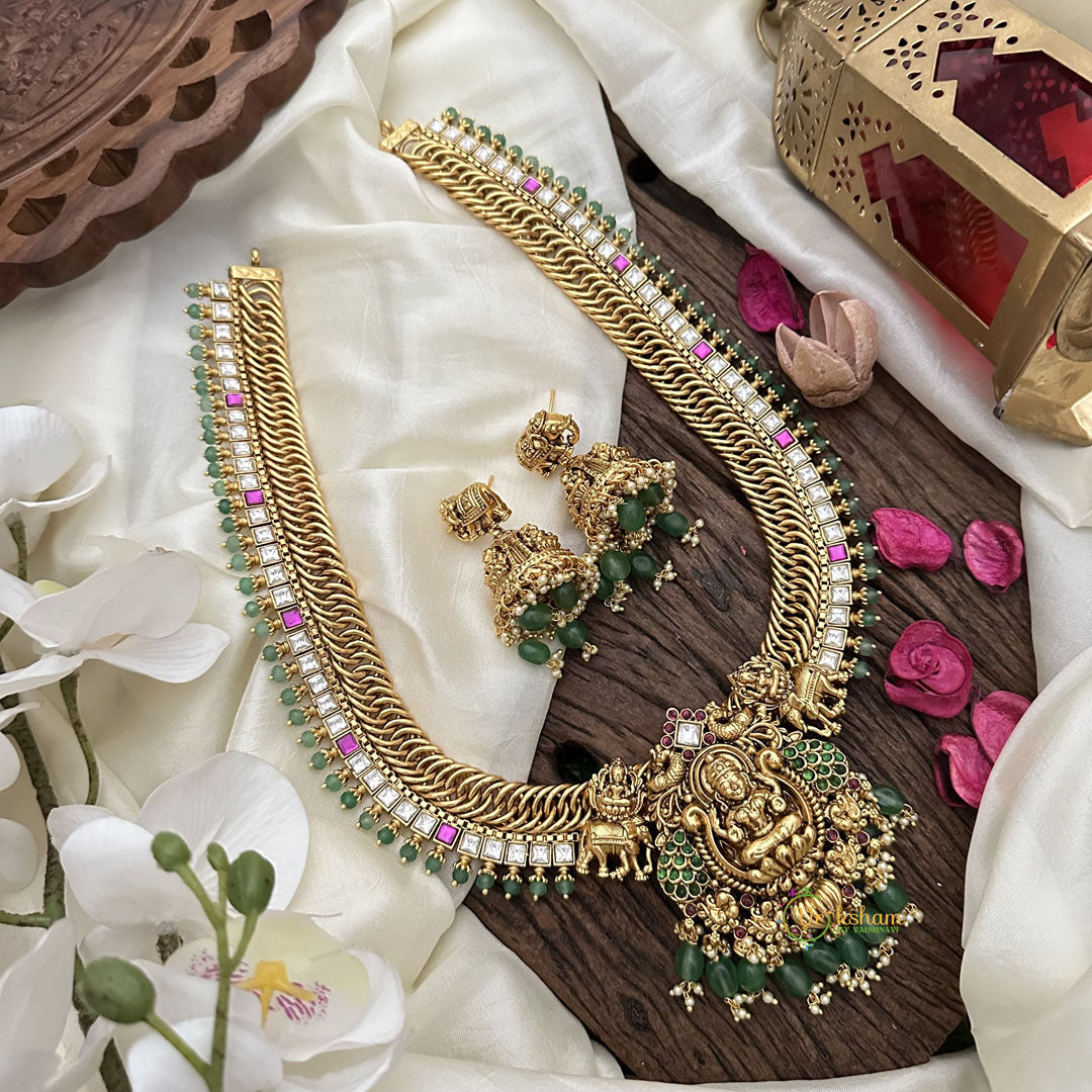 Vriksham Jalebi Lakshmi Pendant Long Neckpiece-Green Bead-Red Green & White-G16183