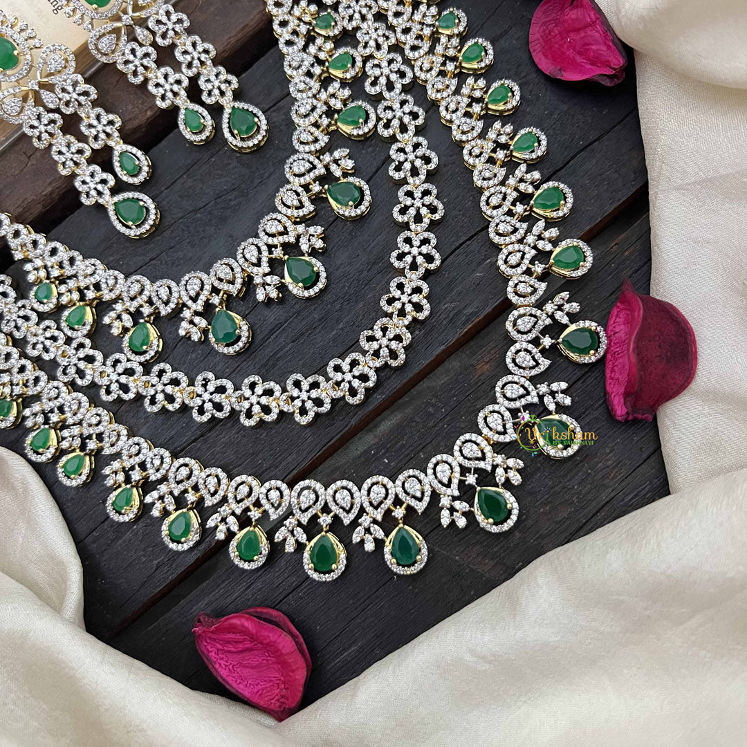 Vriksham Traditional 3 Layer American Diamond Long Neckpiece-Green-G20229