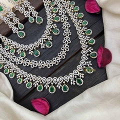 Vriksham Traditional 3 Layer American Diamond Long Neckpiece-Green-G20229