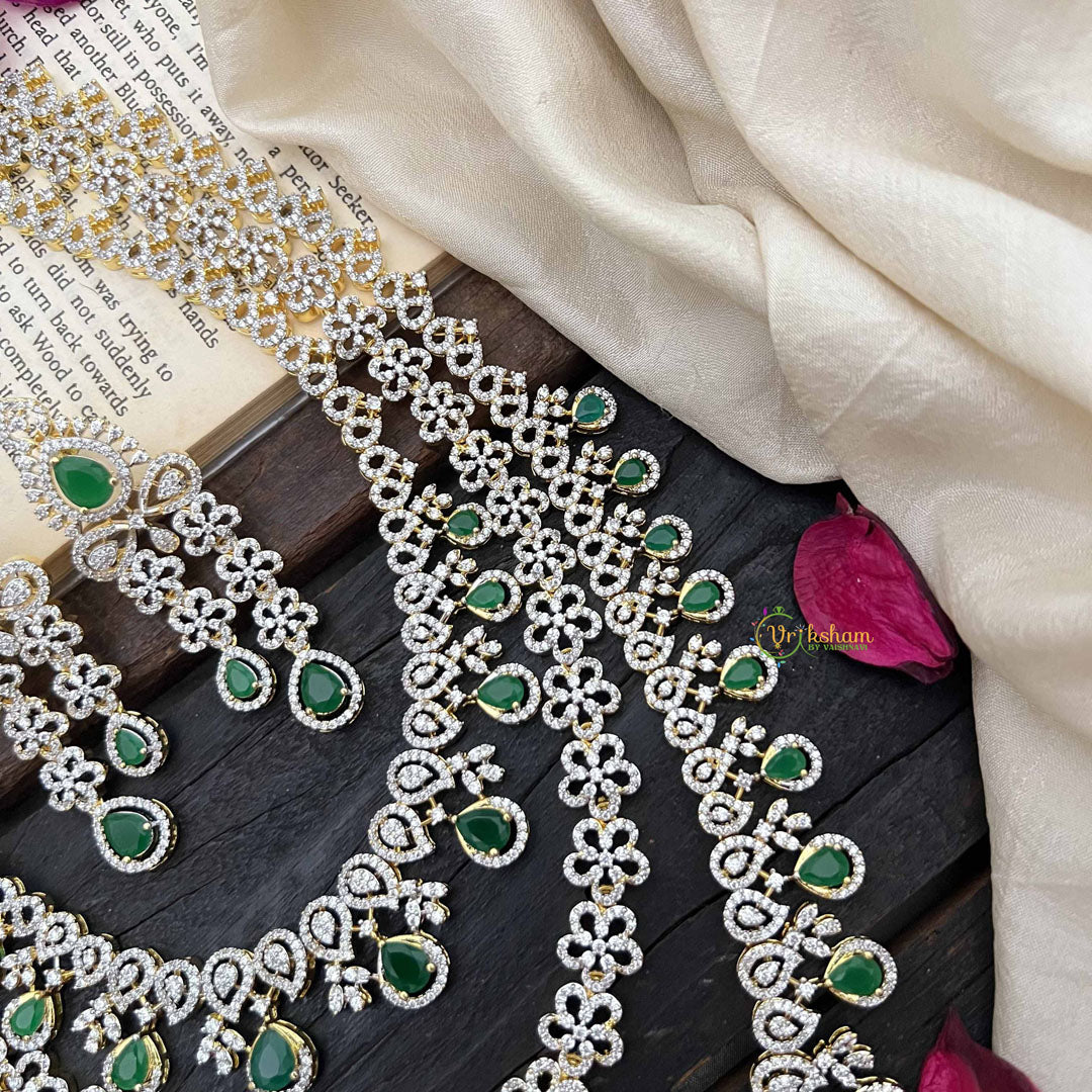 Vriksham Traditional 3 Layer American Diamond Long Neckpiece-Green-G20229