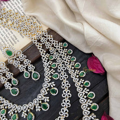 Vriksham Traditional 3 Layer American Diamond Long Neckpiece-Green-G20229