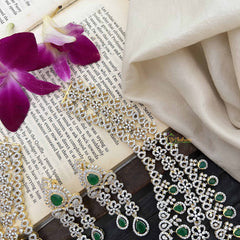 Vriksham Traditional 3 Layer American Diamond Long Neckpiece-Green-G20229
