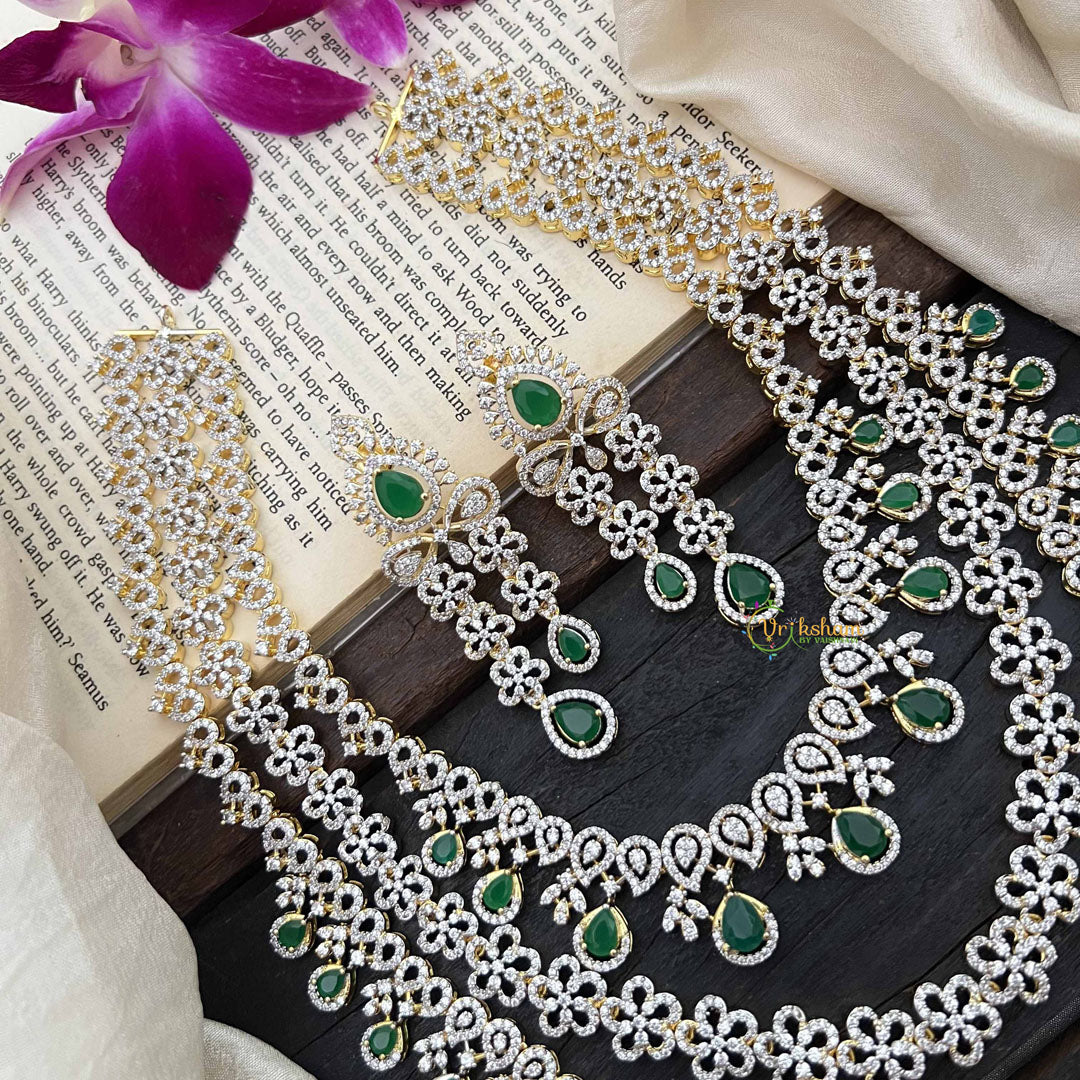 Vriksham Traditional 3 Layer American Diamond Long Neckpiece-Green-G20229