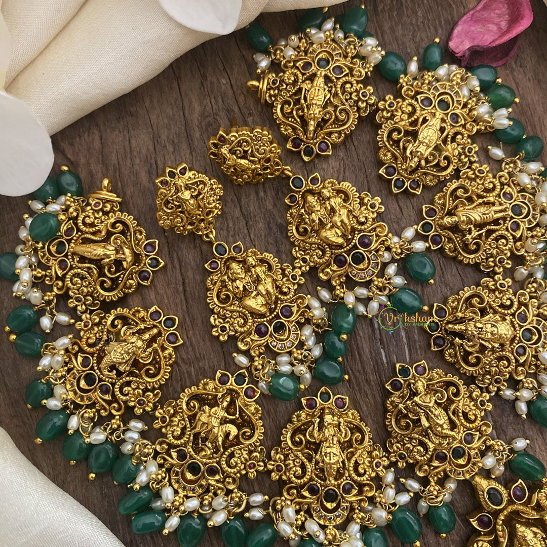 Vriksham Shri Vishnu Dasavathar Short Neckpiece-Green Bead-G16263