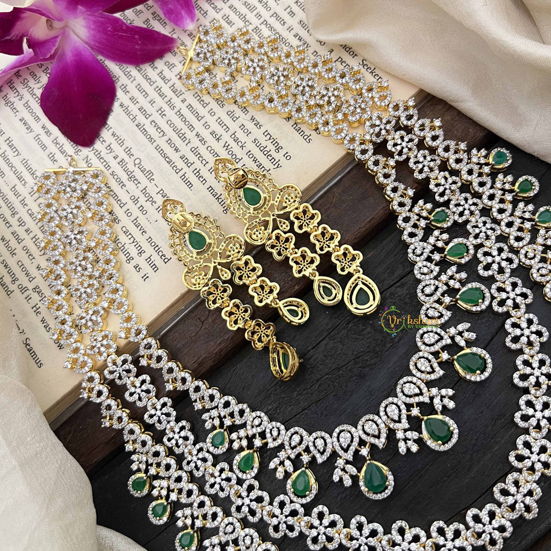 Vriksham Traditional 3 Layer American Diamond Long Neckpiece-Green-G20229