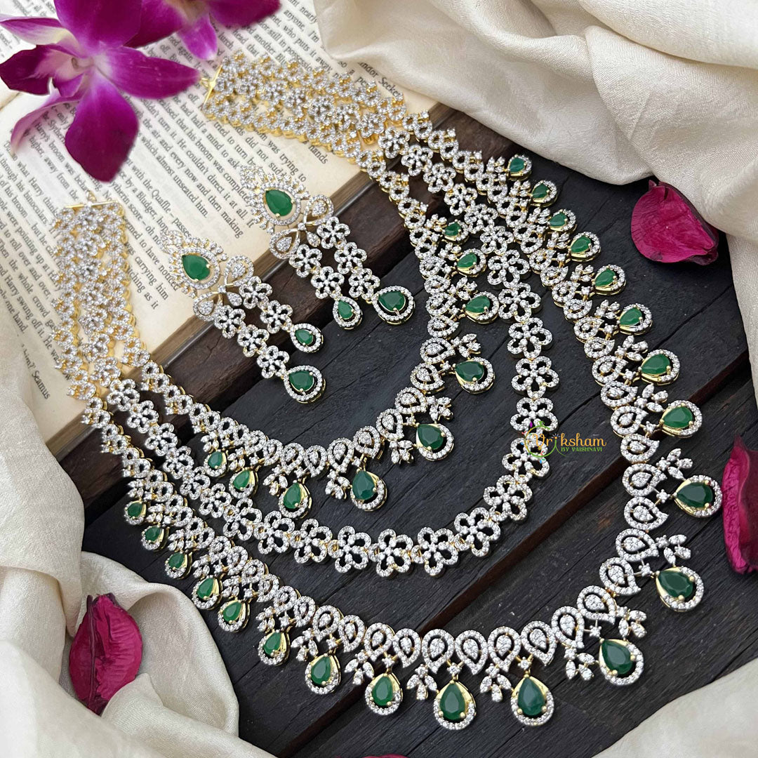 Vriksham Traditional 3 Layer American Diamond Long Neckpiece-Green-G20229