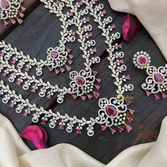 Vriksham Classic 3 Layer Tear Drop Design American Diamond Long Neckpiece-Red-G20231