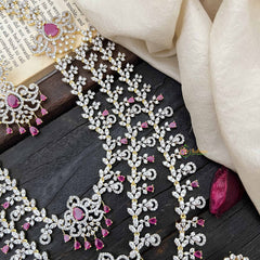 Vriksham Classic 3 Layer Tear Drop Design American Diamond Long Neckpiece-Red-G20231