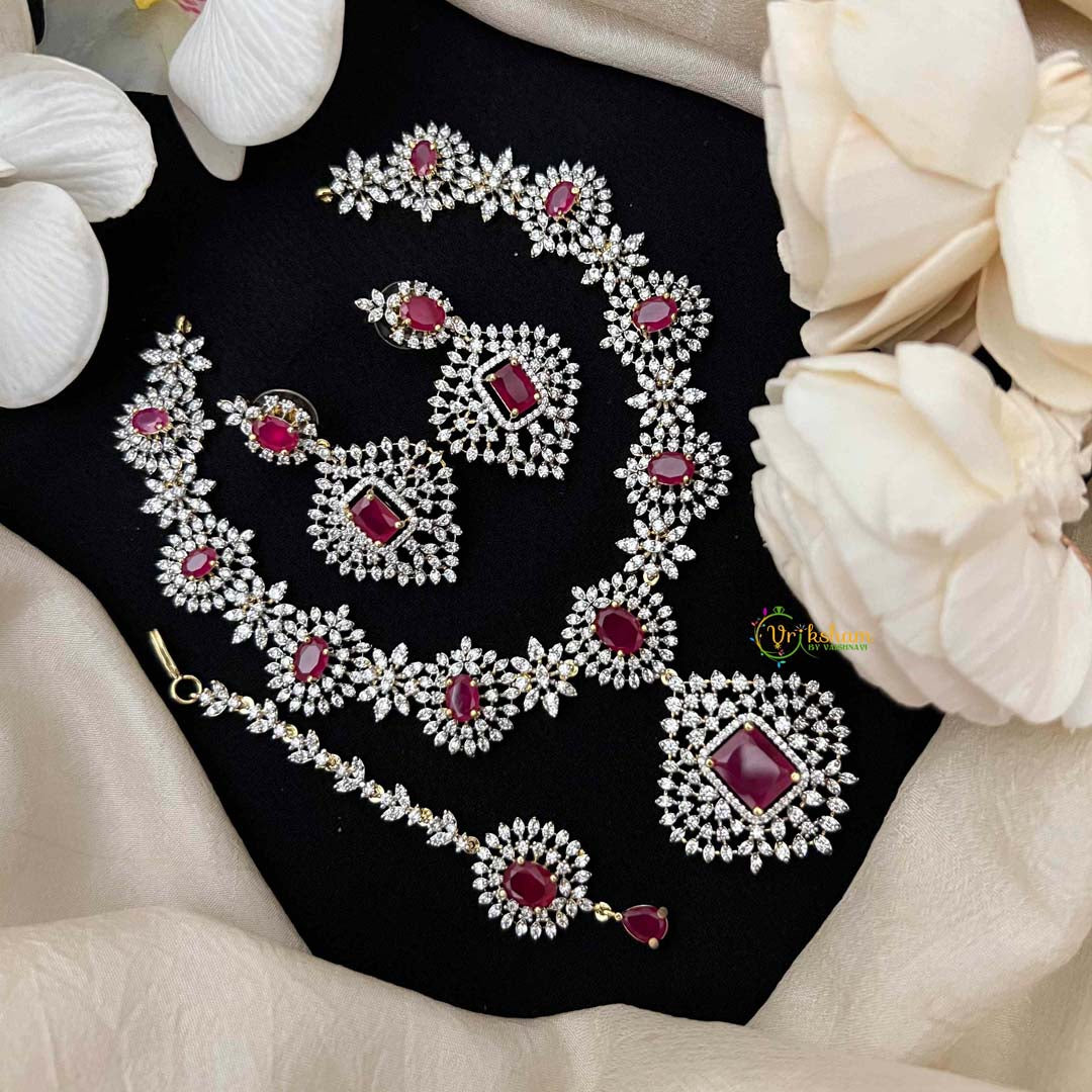 Vriksham Lavish Red Stone & American Diamond 3-Piece Set With Rectangular Statement Pendant Short Neckpiece-G21576