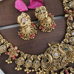 Elegant Peacock AD Stone Neckpiece-Coral-Gold Bead-G14712