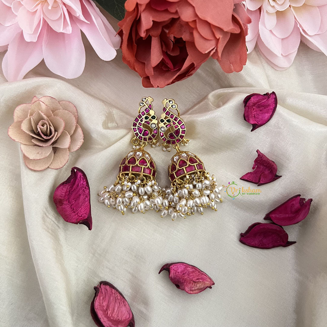 Vriksham Unique peacock Jadau Kundan Jhumka-Red White-Rice Pearls-J3232