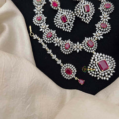 Vriksham Lavish Red Stone & American Diamond 3-Piece Set With Rectangular Statement Pendant Short Neckpiece-G21576