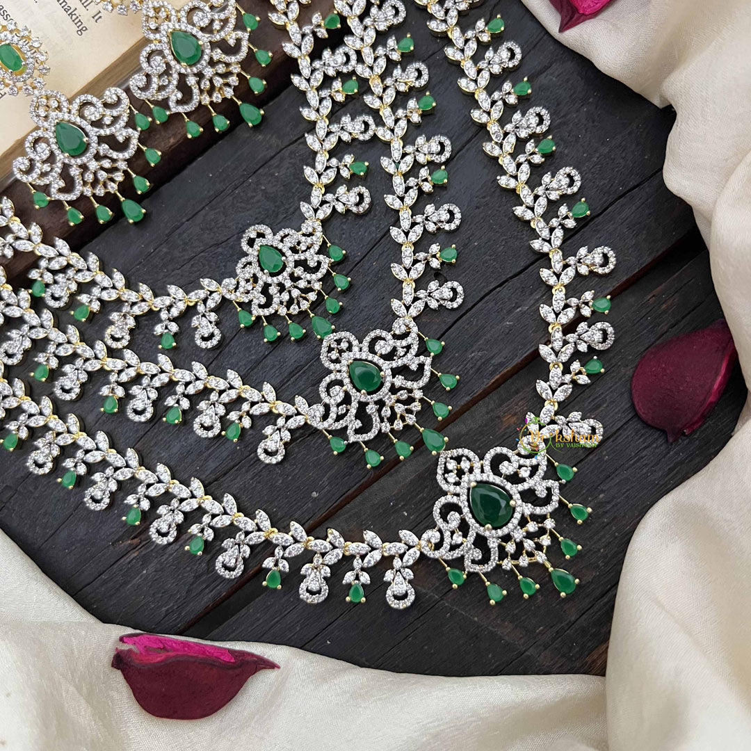Vriksham Classic 3 Layer Tear Drop Design American Diamond Long Neckpiece-Green-G20230