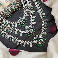 Vriksham Classic 3 Layer Tear Drop Design American Diamond Long Neckpiece-Green-G20230