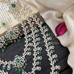 Vriksham Classic 3 Layer Tear Drop Design American Diamond Long Neckpiece-Green-G20230