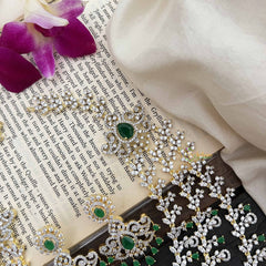 Vriksham Classic 3 Layer Tear Drop Design American Diamond Long Neckpiece-Green-G20230