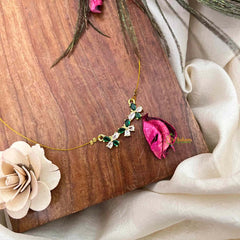 Vriksham Handcrafted Triple Butterfly Motif Pendant Invisible Chain-Green & White-KG22281