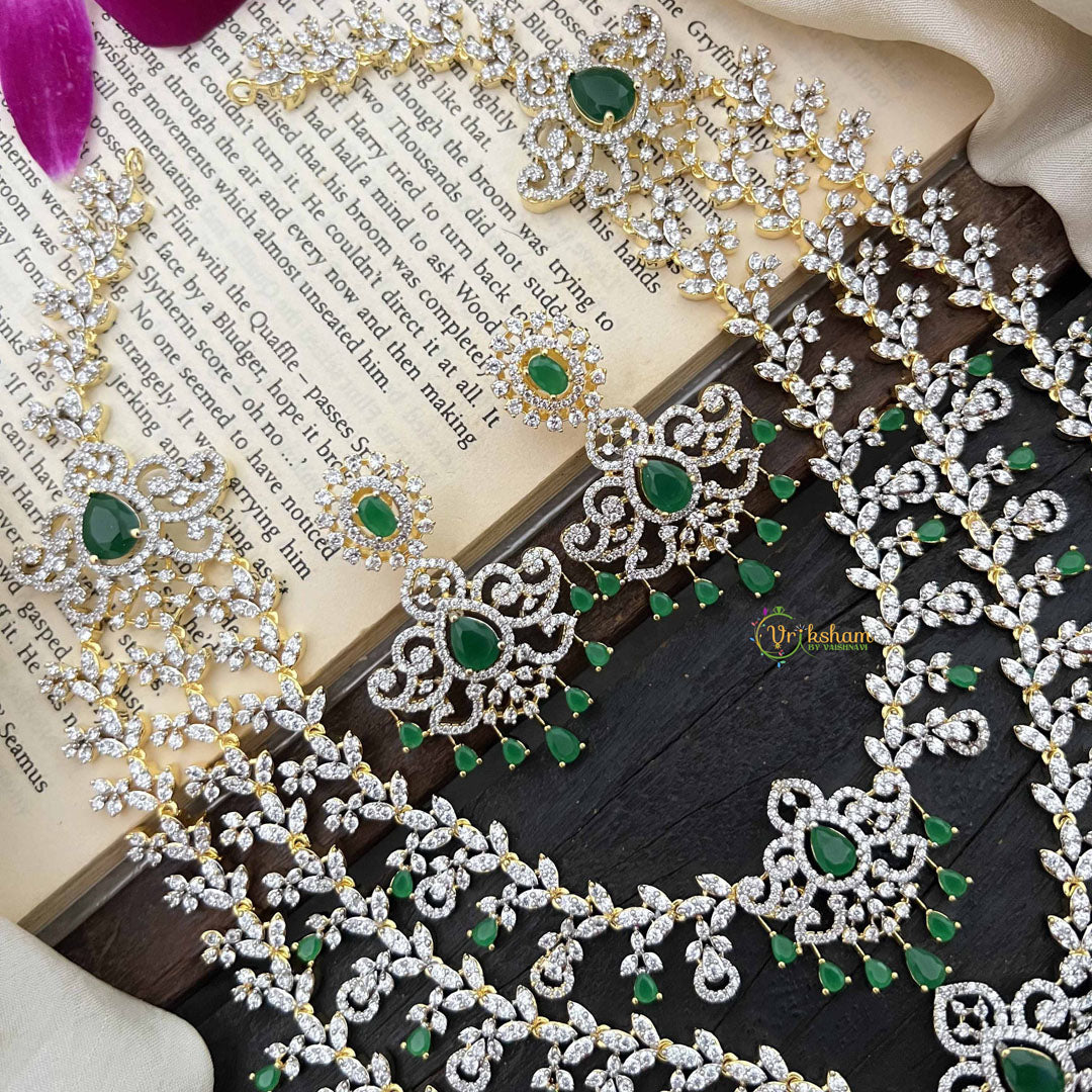 Vriksham Classic 3 Layer Tear Drop Design American Diamond Long Neckpiece-Green-G20230