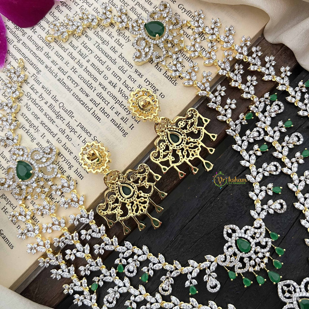 Vriksham Classic 3 Layer Tear Drop Design American Diamond Long Neckpiece-Green-G20230