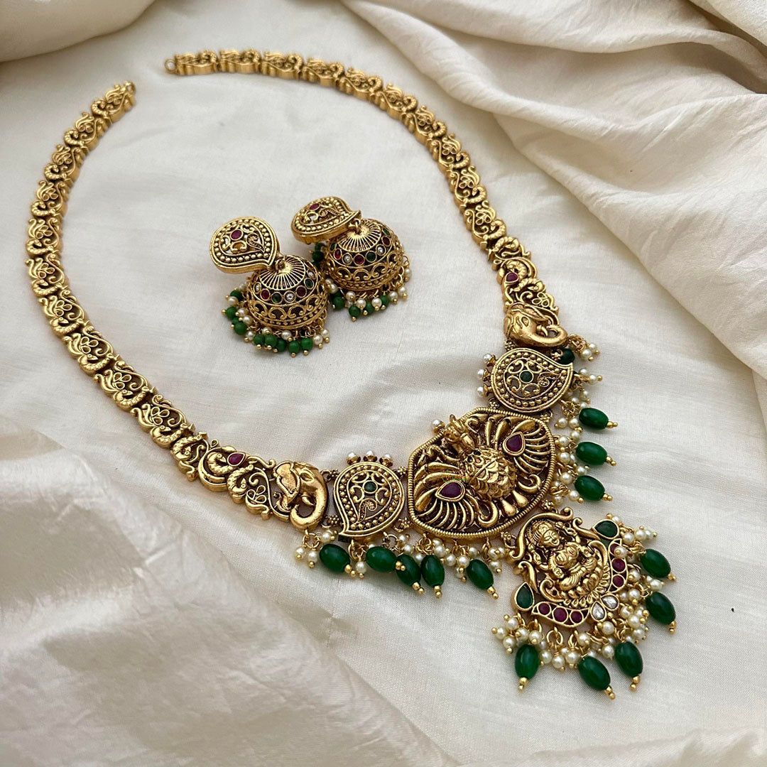 Premium Antique Temple Haram - Lakshmi Haram -Green Bead -G10458