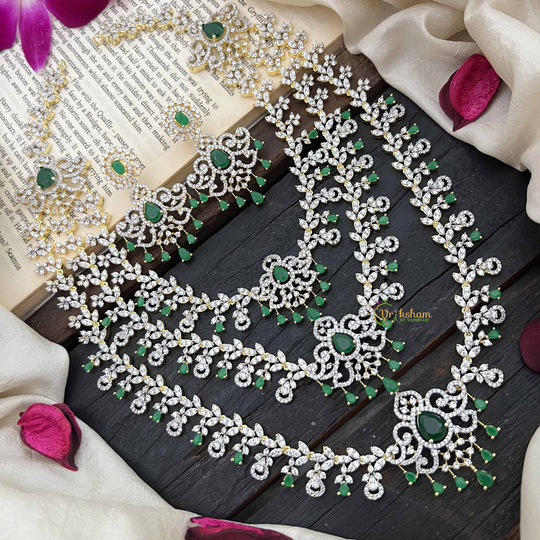 Vriksham Classic 3 Layer Tear Drop Design American Diamond Long Neckpiece-Green-G20230