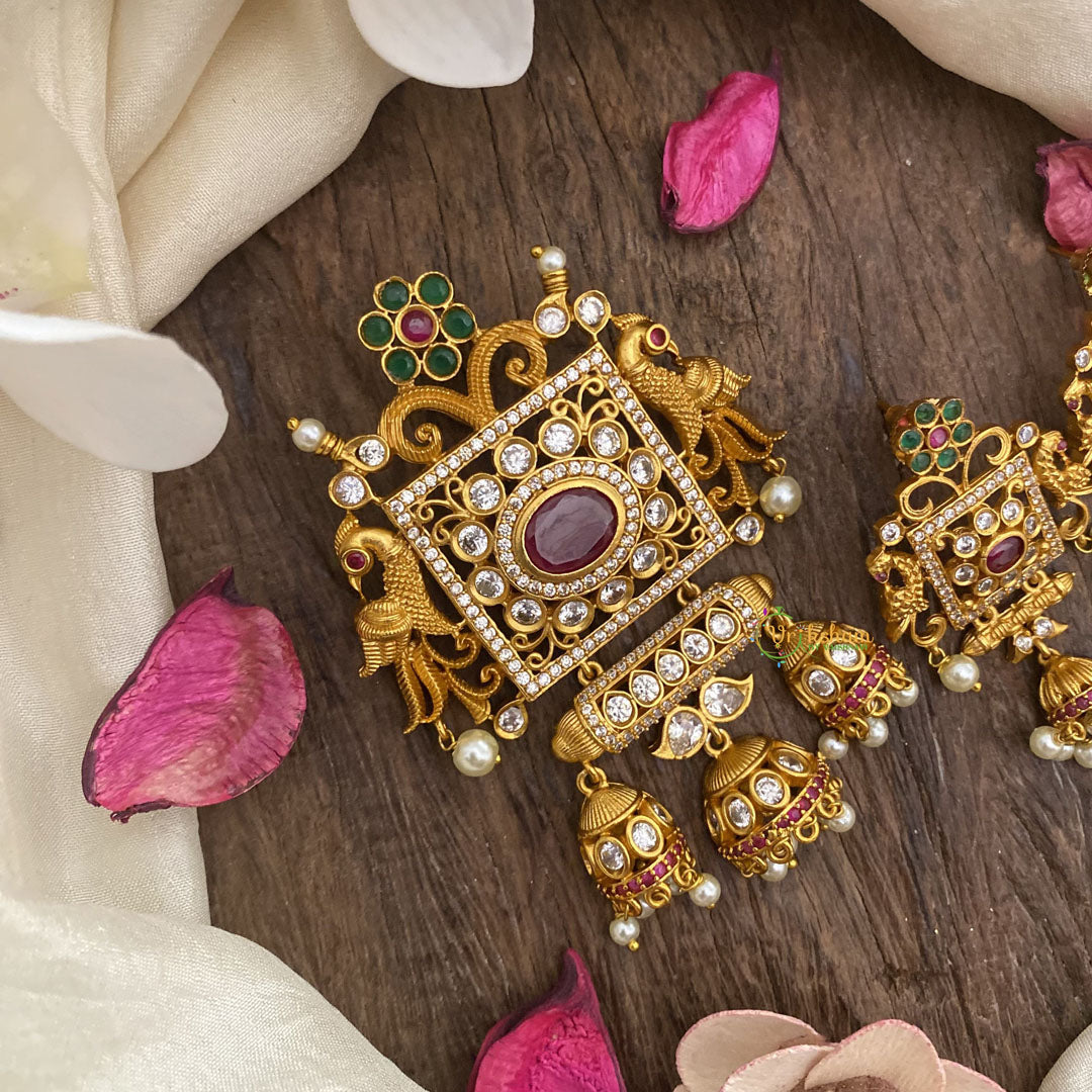 Vriksham Exquisite Dual Peacock Matt Finish Pendant and Earring-Jhumka-G16270