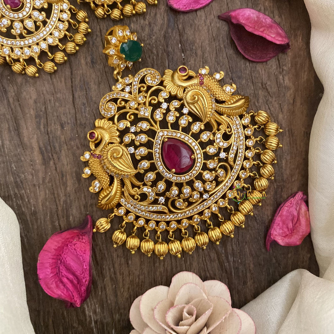 Vriksham Gold Look Alike AD Stone Dual Peacock Pendant and Earring-G16268