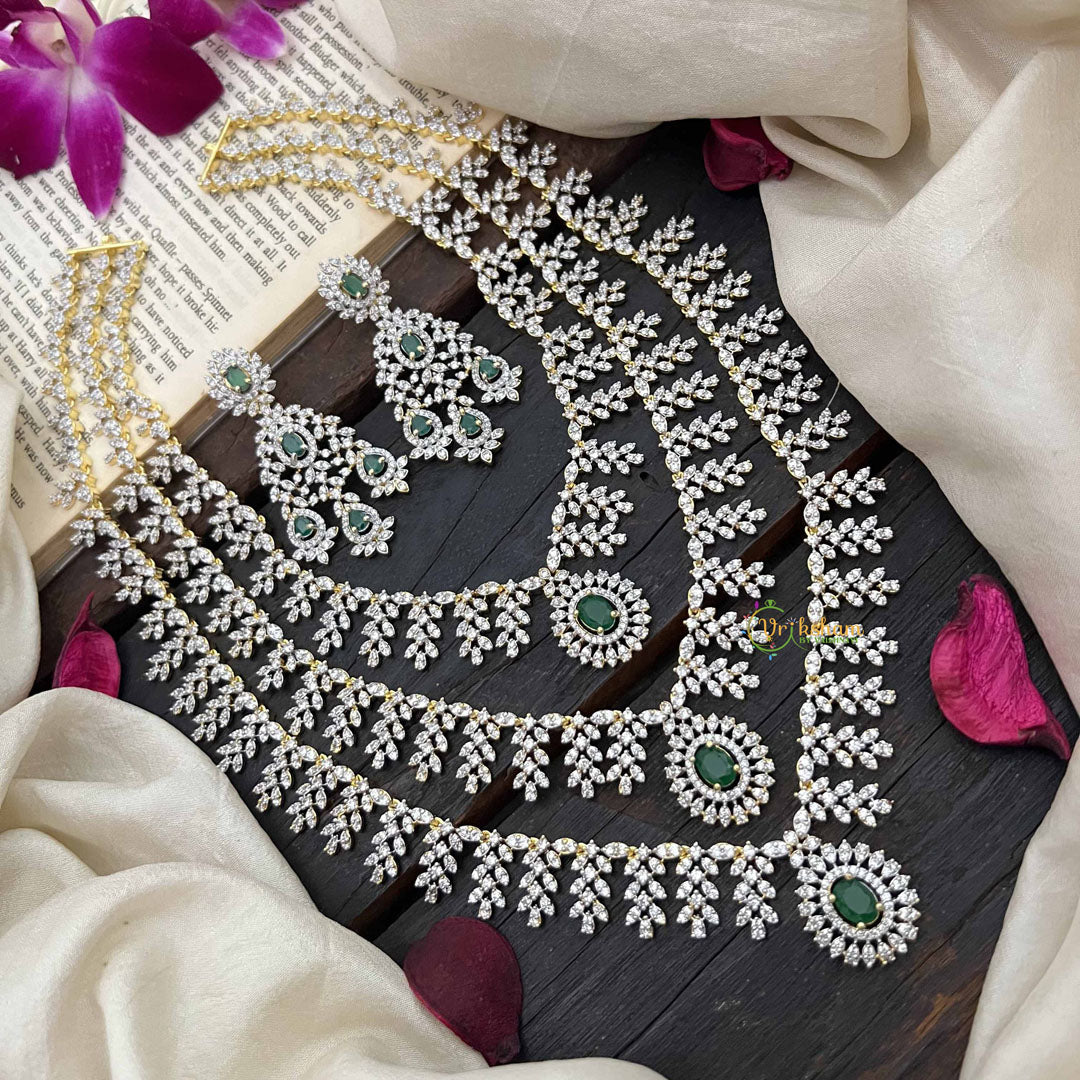 Vriksham Elegant Emerald Green & Triple Layer American Diamond Long Neckpiece-G20232