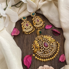 Vriksham Gold Look Alike AD Stone Dual Peacock Pendant and Earring-G16268