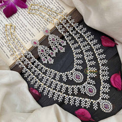 Vriksham Elegant Red Ruby & Triple Layer American Diamond Long Neckpiece-G20233