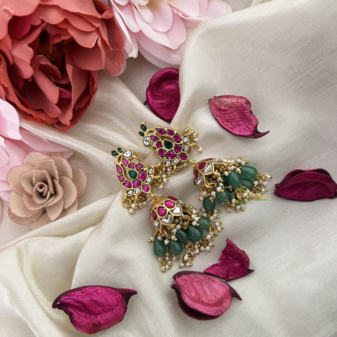 Vriksham Antique Peacock Jadau Kundan Jhumka-Aqua Green Beads-Pearls-J3236