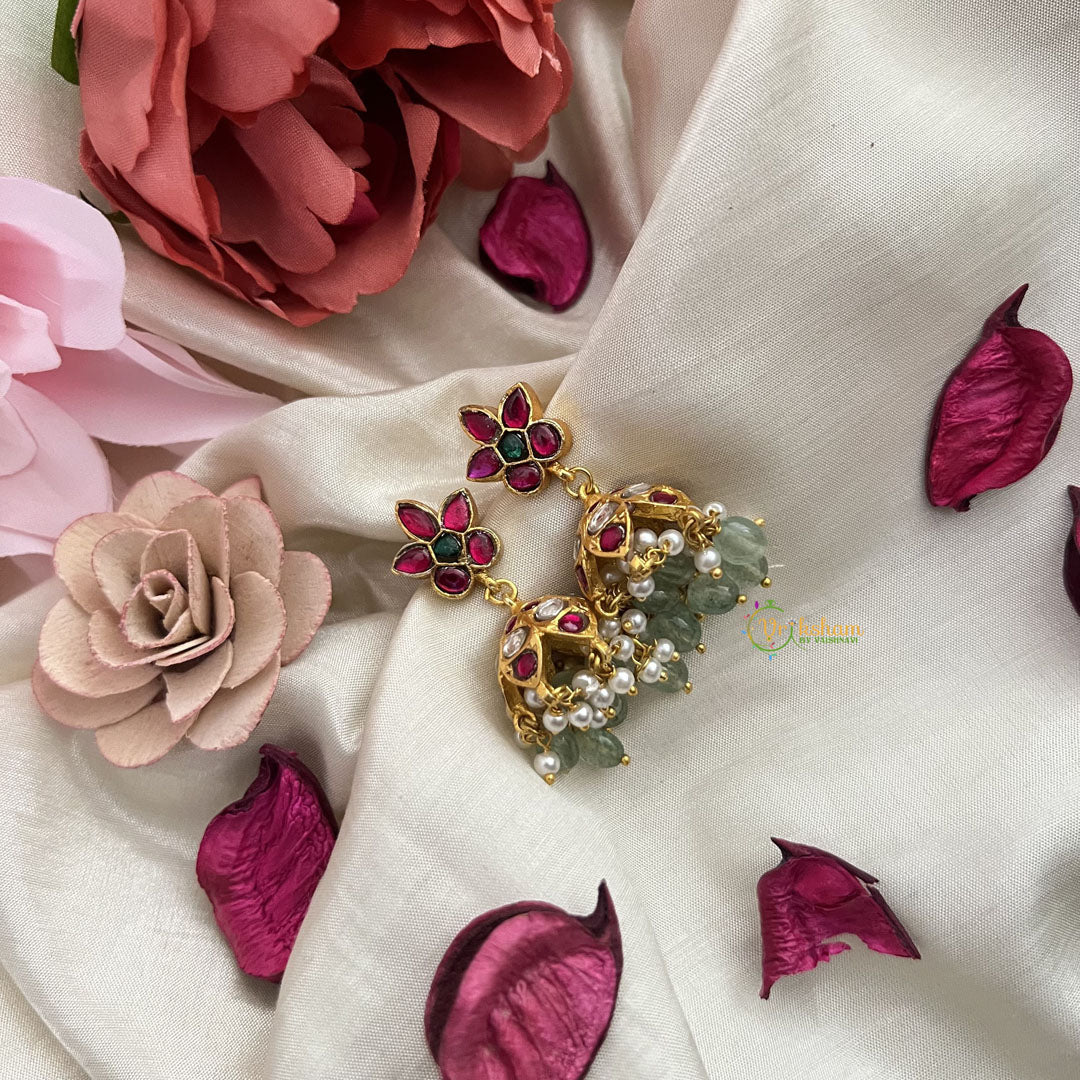 Vriksham Unique Floral Jadau Kundan Jhumka-Red White & Green-Pastel Green Beads-Pearls-J3240