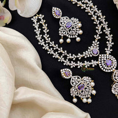 Vriksham Double Layered American Diamond With Pearl-Embellished Pendant Short Neckpiece-Purple-G21571