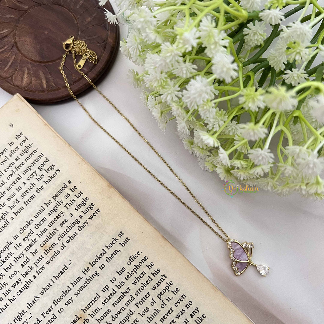 Vriksham Butterfly Pendant Gold Alike Anti Tarnish Necklace Chain-Lavender-G20949