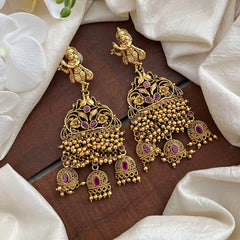 Antique Look Krishna Long Earrings-Golden Pearl-Red-G13454