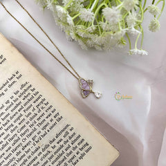 Vriksham Butterfly Pendant Gold Alike Anti Tarnish Necklace Chain-Lavender-G20949