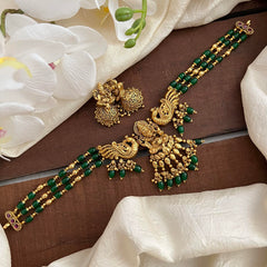 3 Layer Ganpati Pendant Choker-Green & Golden Beads-G13451