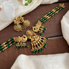 3 Layer Ganpati Pendant Choker-Green & Golden Beads-G13451