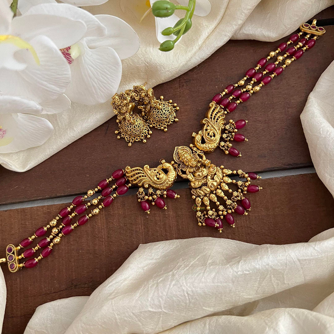 3 Layer Ganpati Pendant Choker-Red& Golden Beads-G13448