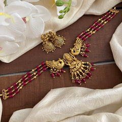 3 Layer Ganpati Pendant Choker-Red& Golden Beads-G13448