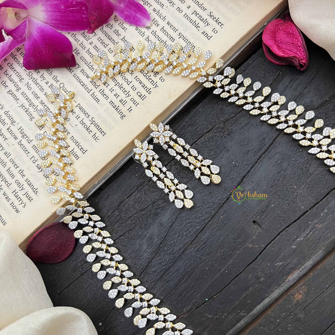 Vriksham Simple Gold & Silver Tone American Diamond Long Neckpiece-G20236