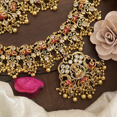 Elegant AD Stone Lakshmi Neckpiece-Coral-Gold Bead-G14705