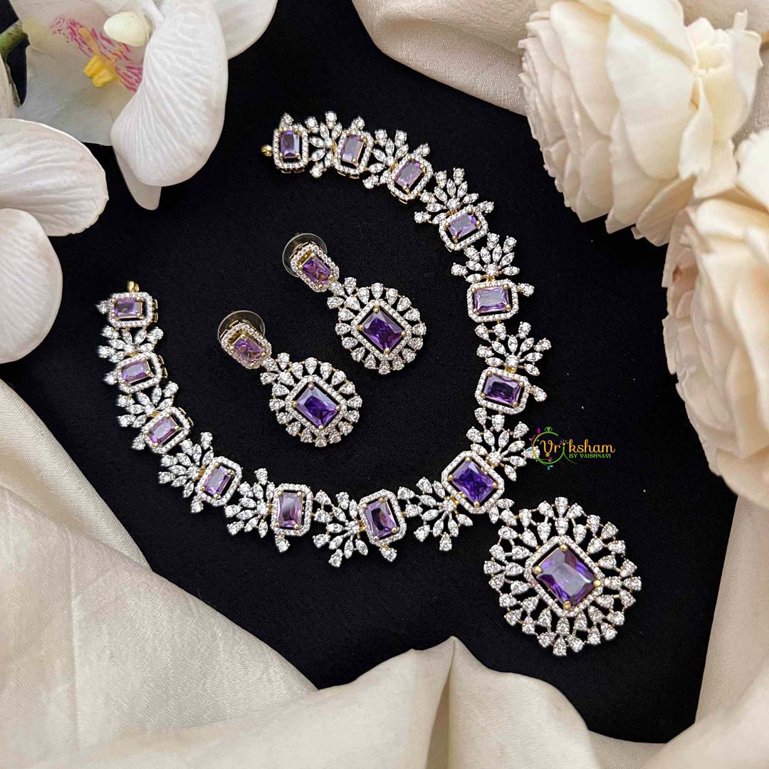 Vriksham Simple Purple-Cut Crystal With Halo Pendant & Rectangular Drop Pendant Short Neckpiece-G21573