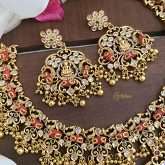 Elegant AD Stone Lakshmi Neckpiece-Coral-Gold Bead-G14705