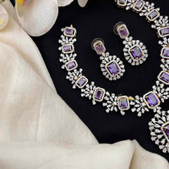 Vriksham Simple Purple-Cut Crystal With Halo Pendant & Rectangular Drop Pendant Short Neckpiece-G21573